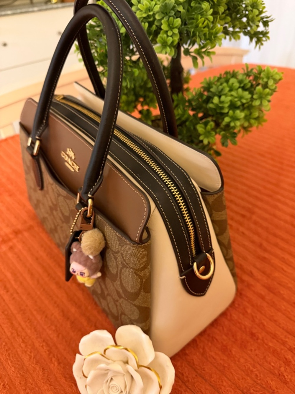 Coach Brown Signature Canvas Satchel with Black Trim - Picture 6 of 16